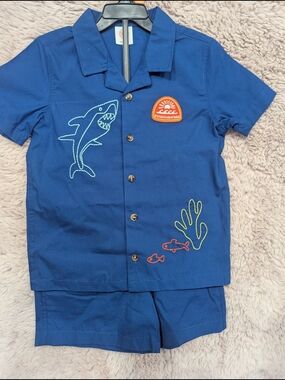 wonder nation Navy Blue Shark Embroidered Kids  Set